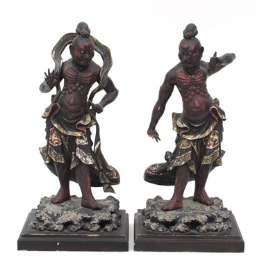 Lot 996 - A pair of Japanese carved wood Nio guardian...