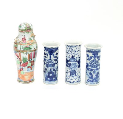 Lot 1026 - Three Chinese blue and white cylindrical vases,...