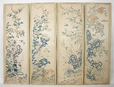 Lot 67 - Four Chinese needlework panels of birds in...