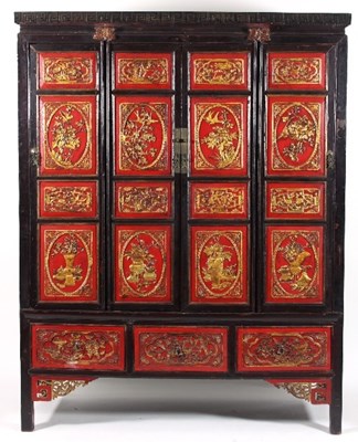 Lot 485 - A Chinese lacquer cabinet, of four long panel...