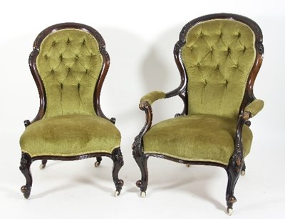 Lot 636 - A Victorian walnut armchair with green velvet...