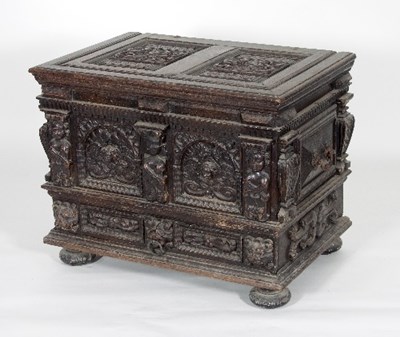 Lot 701 - A 17th Century style oak chest, the hinged...