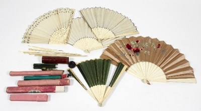 Lot 761 - A coffee silk fan embroidered a spray of roses...