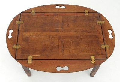 Lot 113 - A yew wood butlers tray, the hinged sides with...