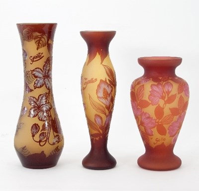 Lot 197 - Three Galle© style glass vases each decorated...