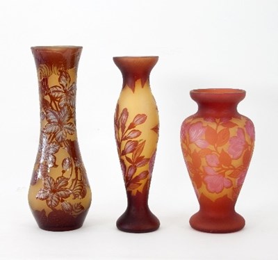 Lot 197 - Three Galle© style glass vases each decorated...