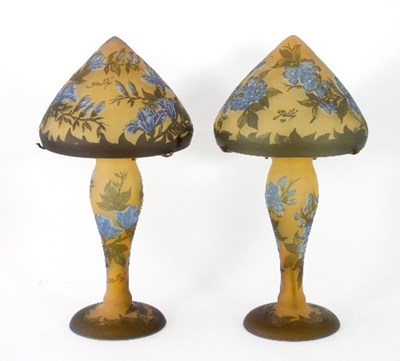 Lot 198 - A pair of Galle© style glass lamps of mushroom...