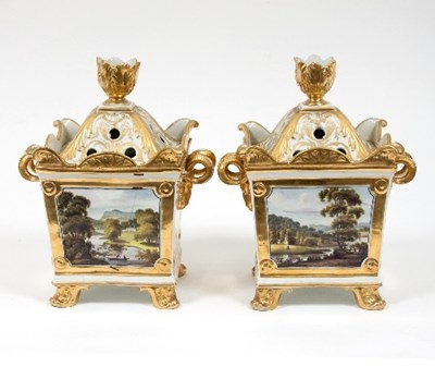 Lot 217 - A pair of Derby square tapering pot pourri...