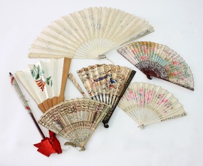 Lot 384 - A lace and painted fan, with ivory sticks...