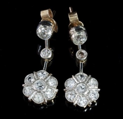 Lot 473 - A pair of diamond cluster ear pendants, each...