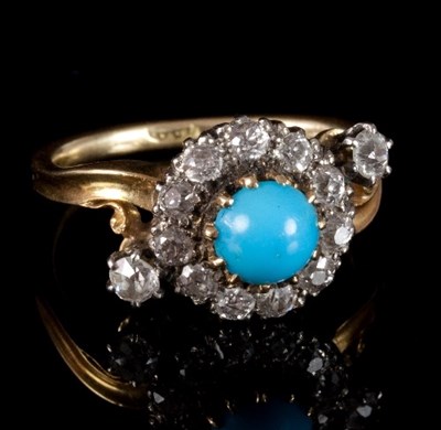 Lot 497 - A turquoise and diamond cluster dress ring,...