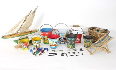 Lot 603 - A quantity of tin seaside buckets, a pond...