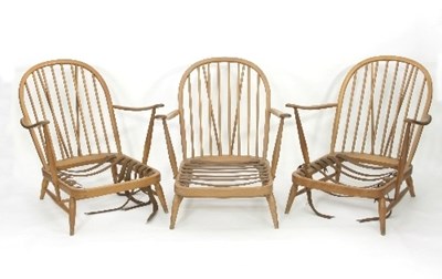 Lot 2 - Three Ercol low Windsor type beech armchairs,...