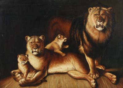 Lot 221 - 20th Century/Lion, Lioness and Cubs/oil on...