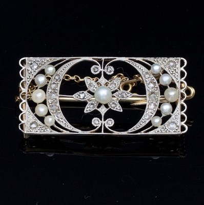 Lot 420 - A pearl and diamond rectangular panel brooch,...