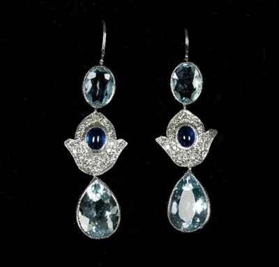 Lot 427 - A pair of aquamarine, sapphire and diamond ear...