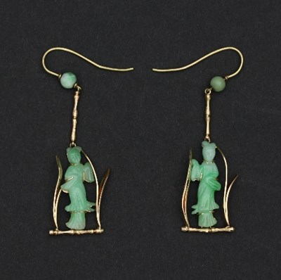 Lot 450 - A pair of Chinese jade and yellow metal ear...