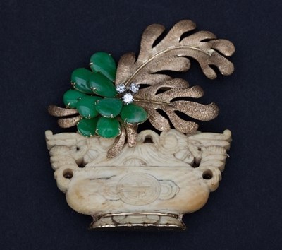 Lot 451 - A Chinese 14ct gold, ivory and gem set brooch,...