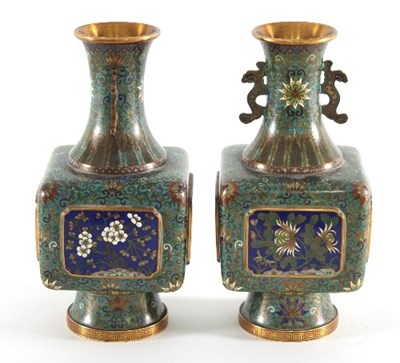 Lot 544 - A pair of Chinese cloisonne vases of square...