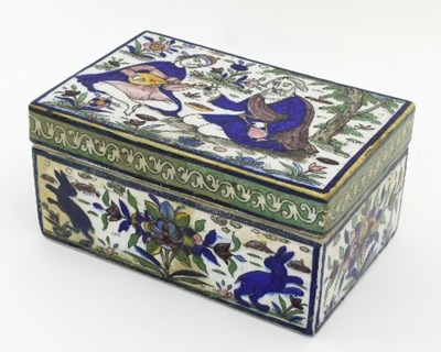 Lot 554 - A Qajar pottery box, the cover decorated...