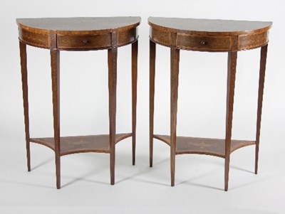 Lot 682 - A pair of satinwood inlaid half round tables...