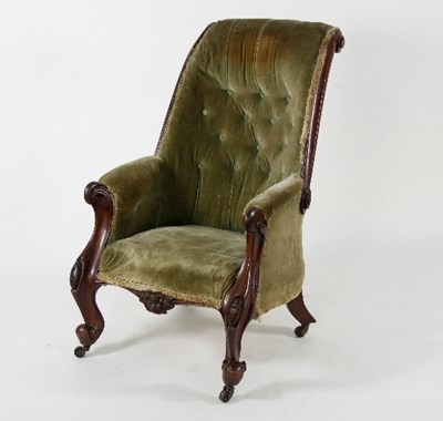 Lot 790 - A Victorian walnut armchair, deep button back...