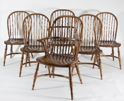 Lot 804 - A set of six stick back chairs with dished...