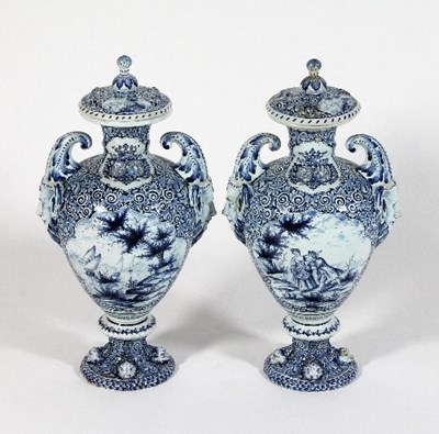 Lot 966 - A large pair of Delft ware blue and white jars...