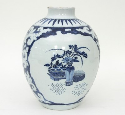 Lot 969 - A Dutch Delft blue and white ovoid jar, circa...