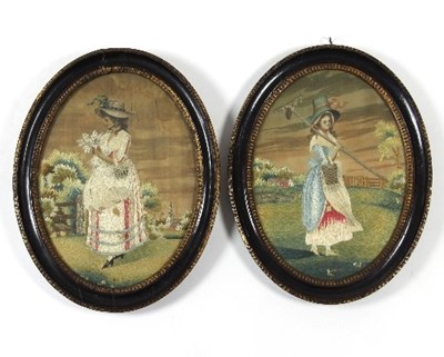 Lot 1017 - A pair of Georgian oval silkwork pictures of...