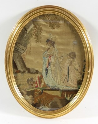 Lot 1030 - A Georgian oval silkwork picture of Moses...