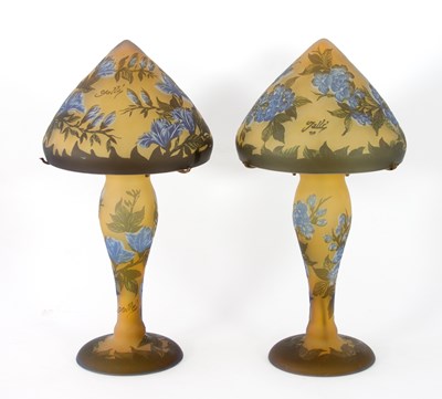 Lot 20 - A pair of Galle style glass lamps of mushroom...