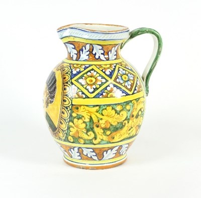 Lot 91 - An Italian majolica style jug, painted with a...