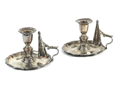 Lot 136 - A pair of Sheffield plate chamber candlesticks...