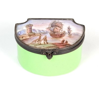 Lot 260 - A French enamel box of shield shape, the cover...