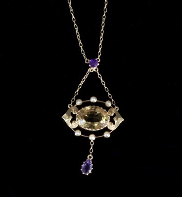 Lot 314 - A citrine, amethyst and seed pearl pendant...