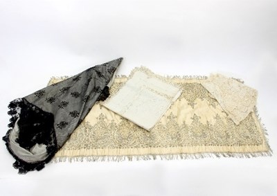 Lot 803 - A black lace shawl, a lace stole and an Indian...