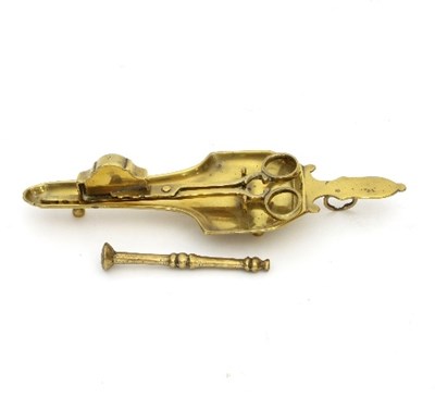 Lot 842 - A 17th Century brass candle snuffer and tray...