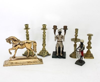 Lot 854 - Two Indian painted spelter table lights, two...