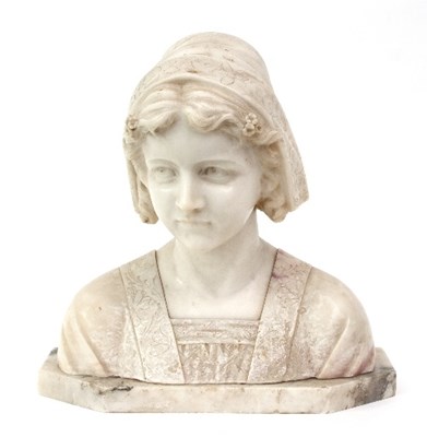 Lot 863 - An alabaster bust of a woman with bonnet,...