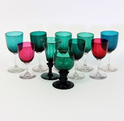 Lot 22 - Various coloured wine glasses, eight with...