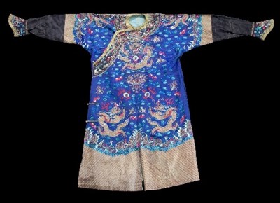 Lot 118 - A Chinese blue satin silk dragon robe, late...