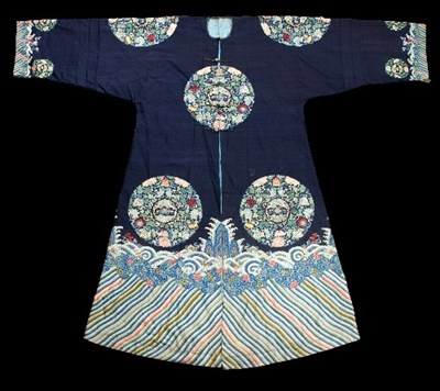 Lot 119 - A Chinese navy blue silk robe, late Qing,...