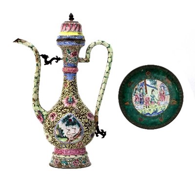 Lot 151 - A Cantonese famille rose enamel ewer and cover,...