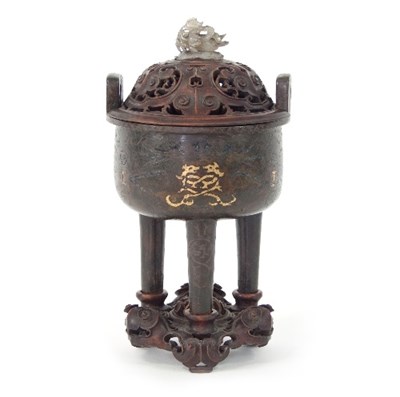 Lot 155 - A Chinese bronze ding incised in gold and...