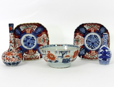 Lot 199 - A pair of Japanese Imari square dishes, 15cm...