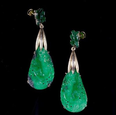 Lot 209 - A pair of carved jade ear pendants, each with...