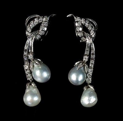 Lot 238 - A pair of diamond and pearl drop earrings,...