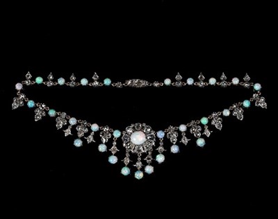 Lot 243 - An opal and diamond necklace, the central oval...