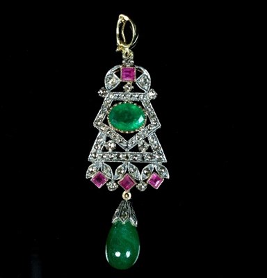 Lot 247 - An emerald, ruby and diamond pendant, of...